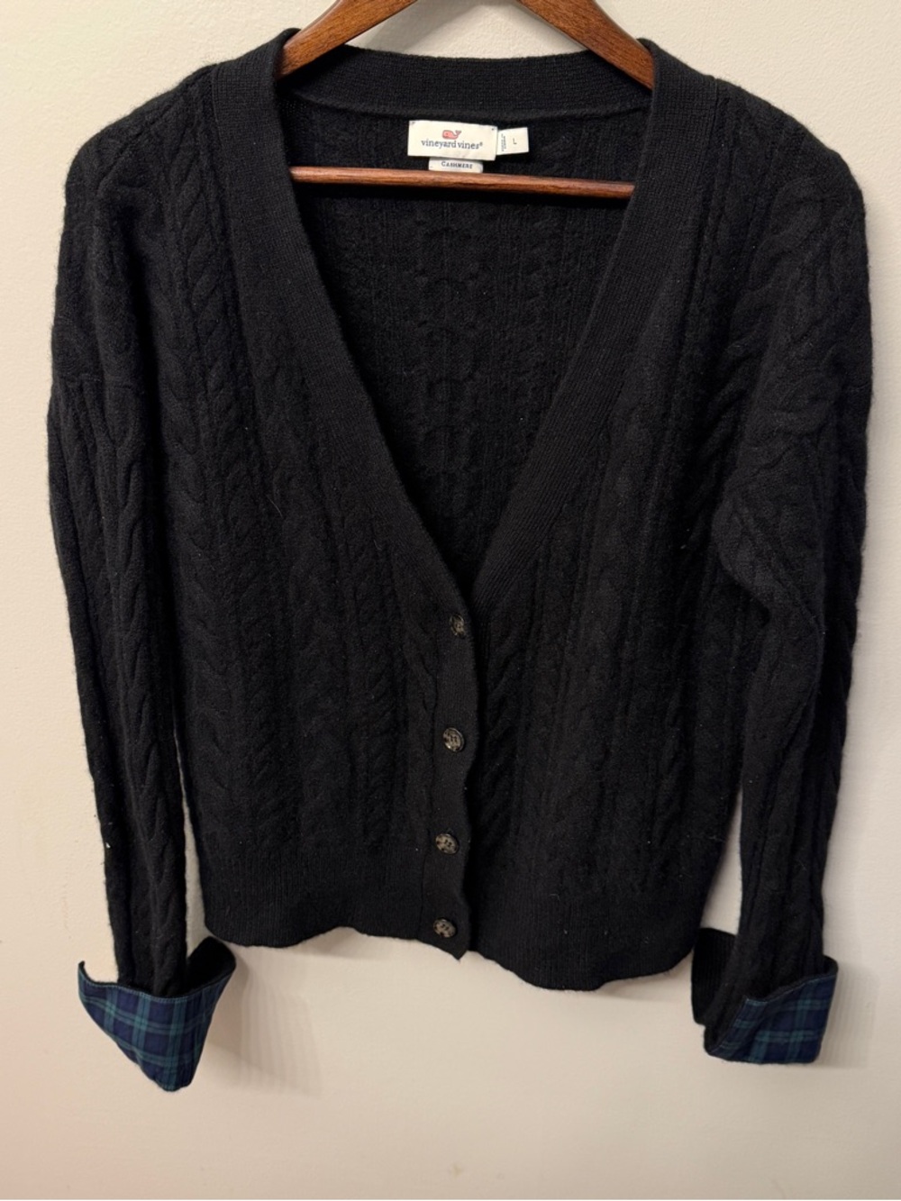 Vineyard Vines Black Cashmere Button Cardigan with Plaid Cuff Detail